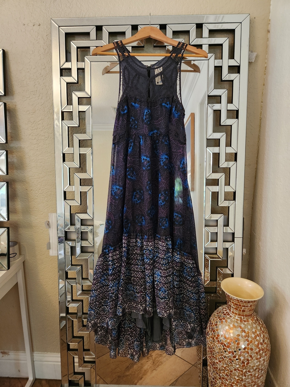 FREE PEOPLE Boho Lace-Detail Maxi Dress in Navy and Black